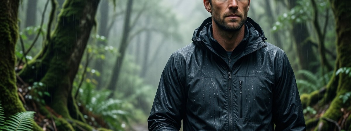 Hiker in a waterproof breathable shell jacket on a rainy forest trail