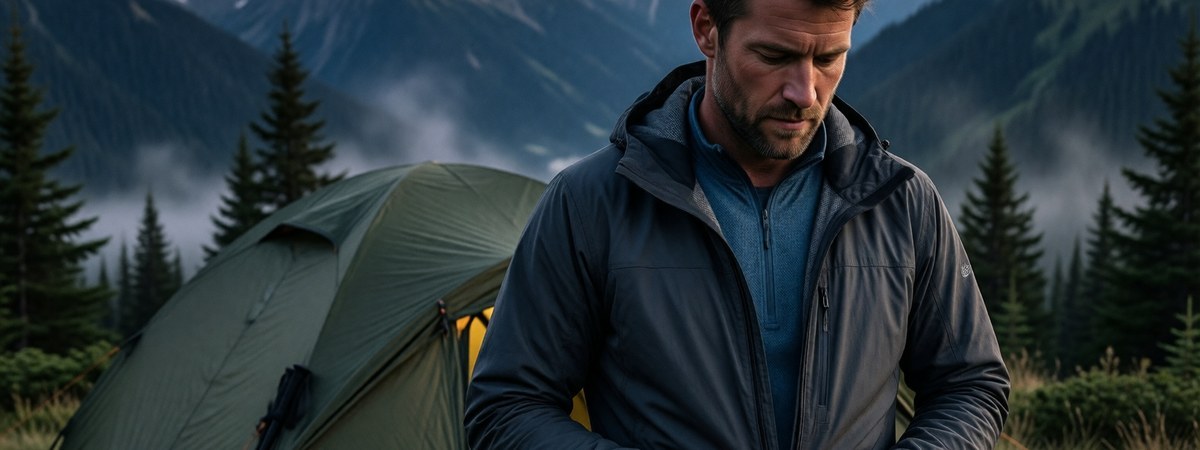 Explorer wearing a lightweight insulated mid-layer at an alpine campsite