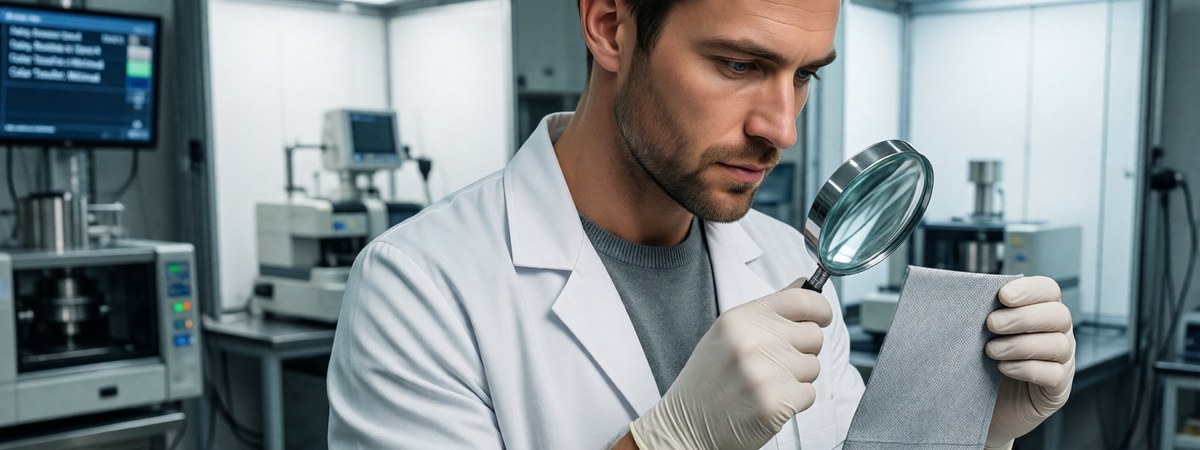 Quality control technician testing sportswear fabric in a laboratory