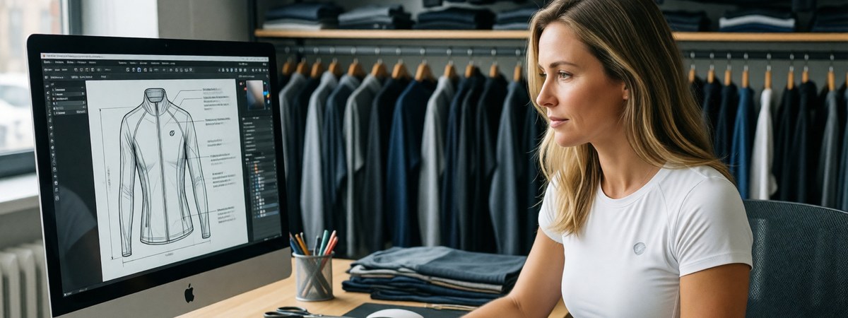 Sportswear designer reviewing a digital tech pack and fabric swatches in a design studio