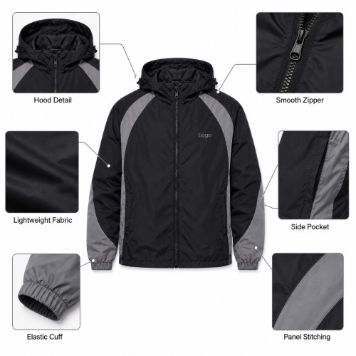 Private Label Men's Color Block Hooded Windbreaker | Wholesale Lightweight Sports Jacket Supplier