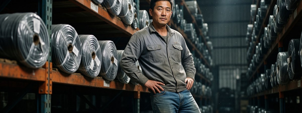 Textile warehouse with stacked rolls of polyester and nylon sportswear fabric