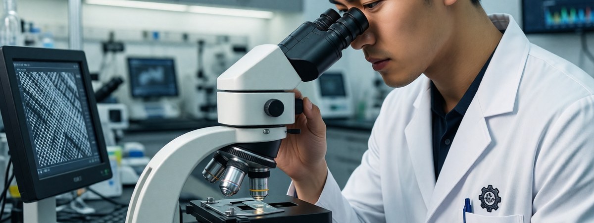 Quality control technician testing sportswear fabric in a laboratory