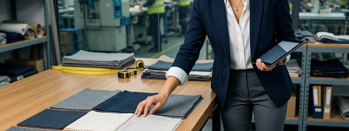 Apparel team and manufacturer reviewing fabric samples at a cutting table
