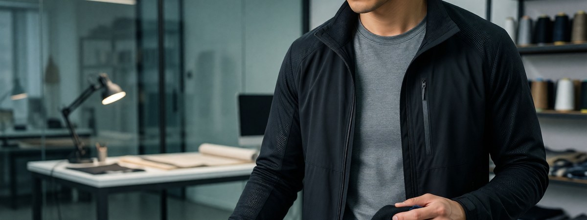 Sportswear designer reviewing a digital tech pack and fabric swatches in a design studio