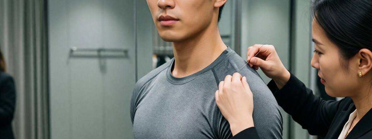 Designer pinning fit adjustments on a male fitness model wearing a training shirt sample