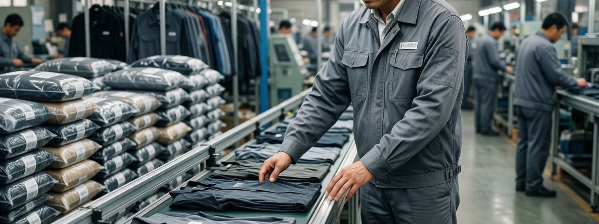 Sportswear factory supervisor inspecting finished activewear on a QC conveyor with packed polybags behind