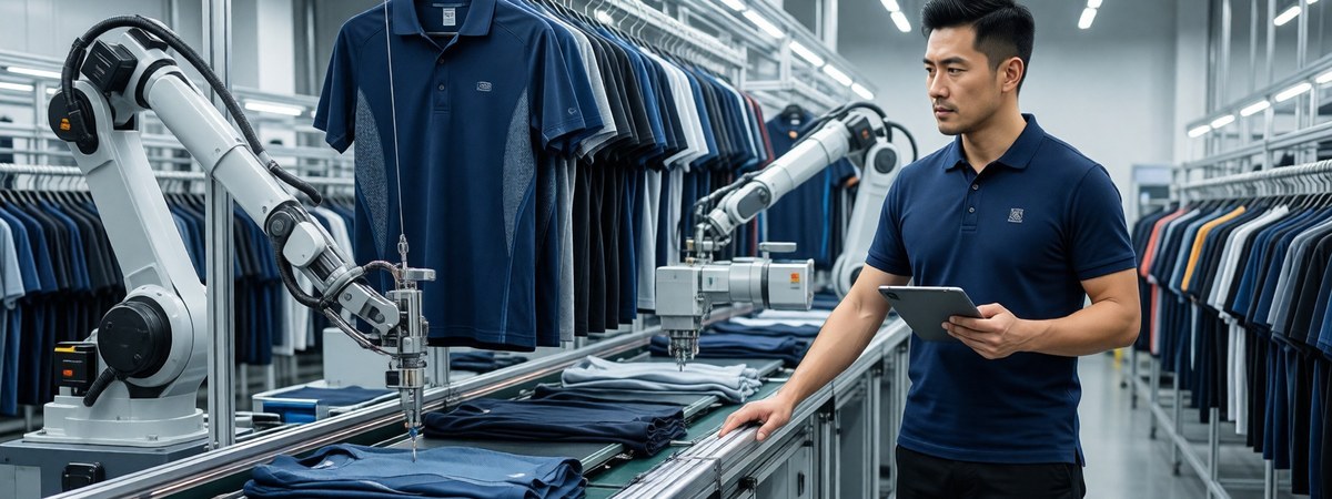 Automated sportswear factory floor with smart hanging production lines and a manager checking quality