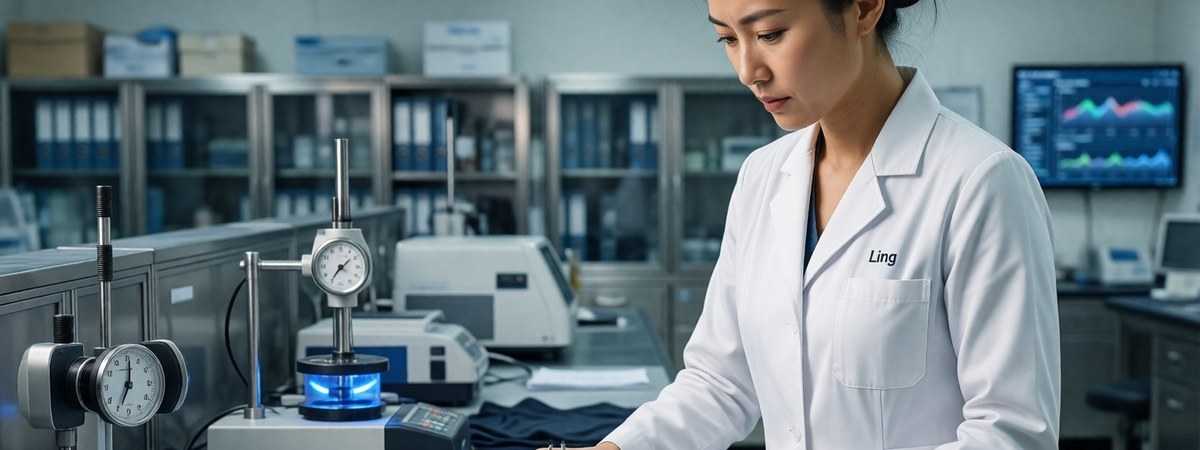 QC supervisor inspecting finished sportswear in a laboratory with AQL checklist and test equipment