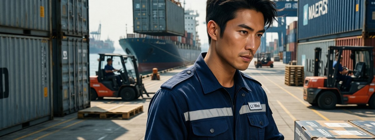 Apparel logistics at a container port with cartons of branded sportswear and a logistics manager scanning