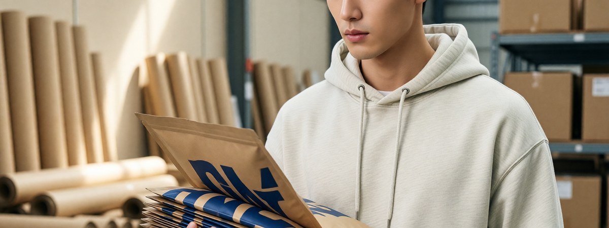 Custom printed poly mailers and branded packaging materials in a warehouse