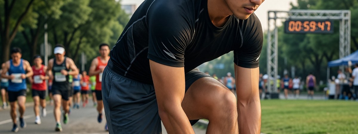 A runner tying their shoes at a marathon start line in an urban park