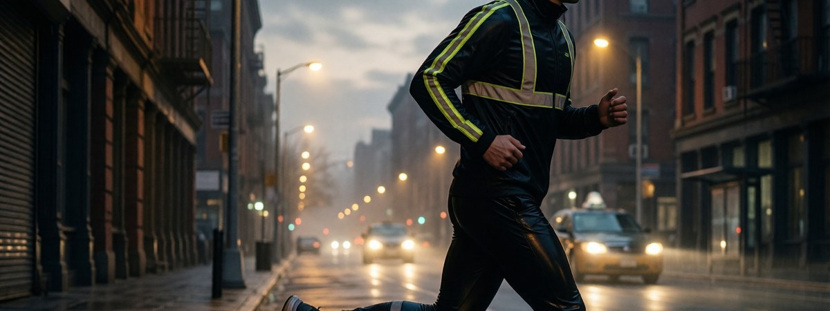 A runner in reflective gear catching headlights on a dim city street at dawn