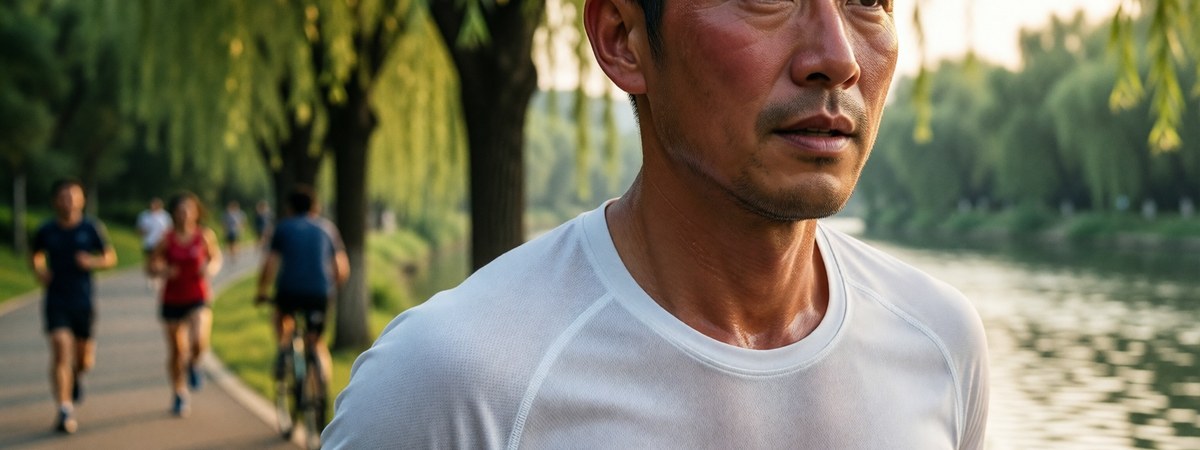 Close-up of a runner in a featherlight moisture-wicking training tee