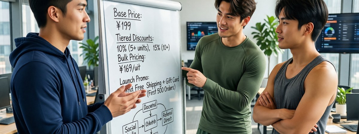 Startup team reviewing a pricing strategy on a whiteboard