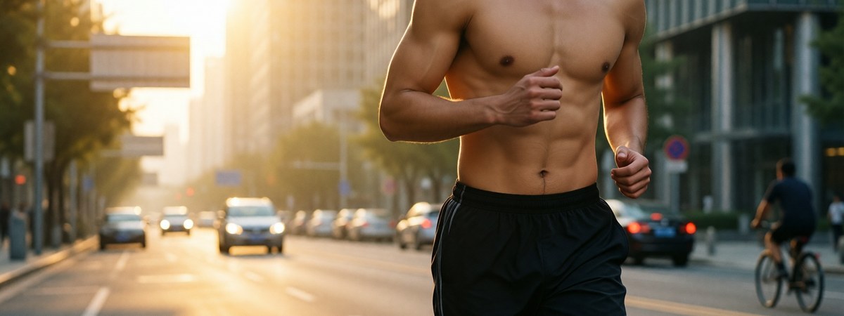Runner wearing compression calf sleeves on a city street at sunrise