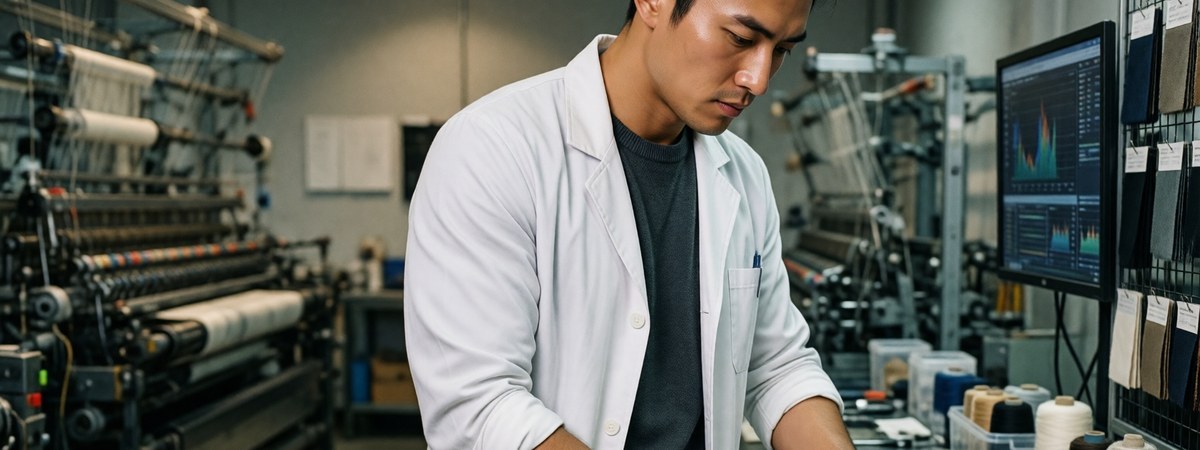 Textile engineer inspecting compression fabric and a pressure-mapping sensor in a lab