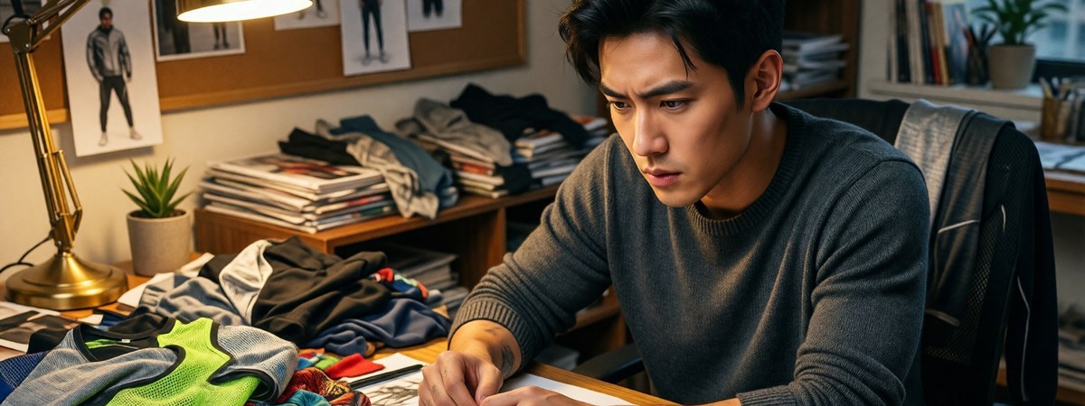 Overwhelmed designer surrounded by too many samples and sketches