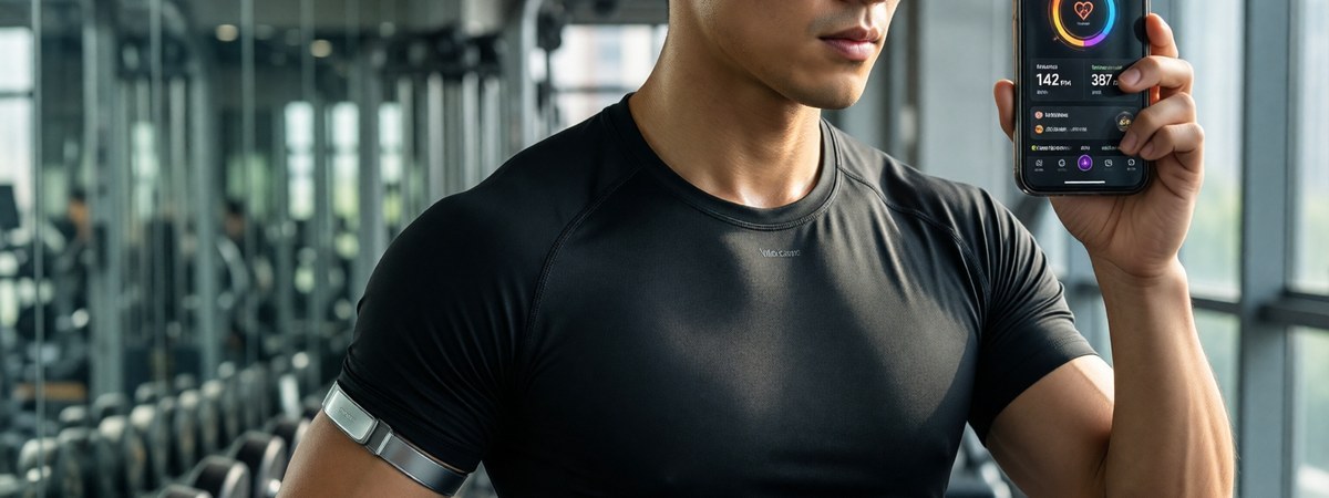 Athlete wearing a smart fitness top with a wearable sensor band training in a modern gym