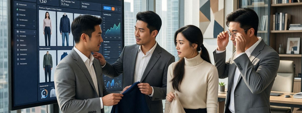 Apparel team reviewing an on-demand manufacturing and DTC sales dashboard in a design office
