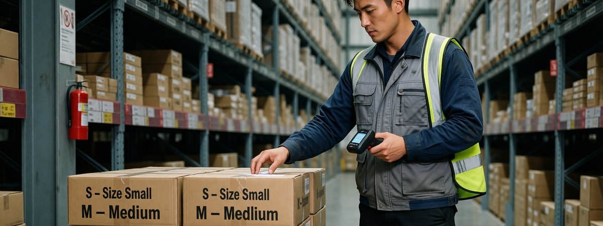 Chinese male warehouse supervisor checking cartons of custom team uniforms labeled by size