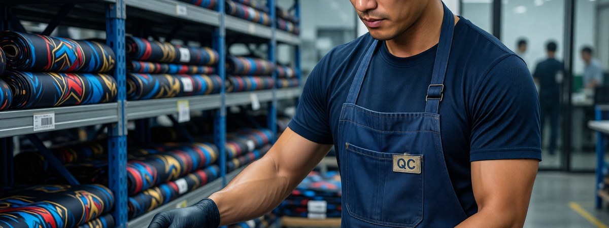 Chinese male technician inspecting sublimation-printed polyester sports fabric rolls in a factory