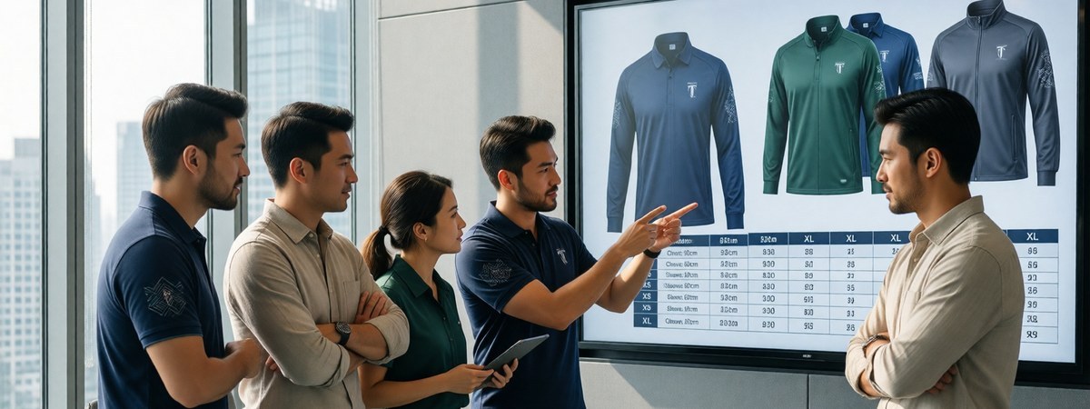 Chinese team reviewing custom teamwear design mockups and a size chart in a meeting room