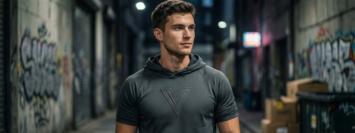 Caucasian European male model wearing a charcoal hoodie with a raised 3D embossed silicone logo