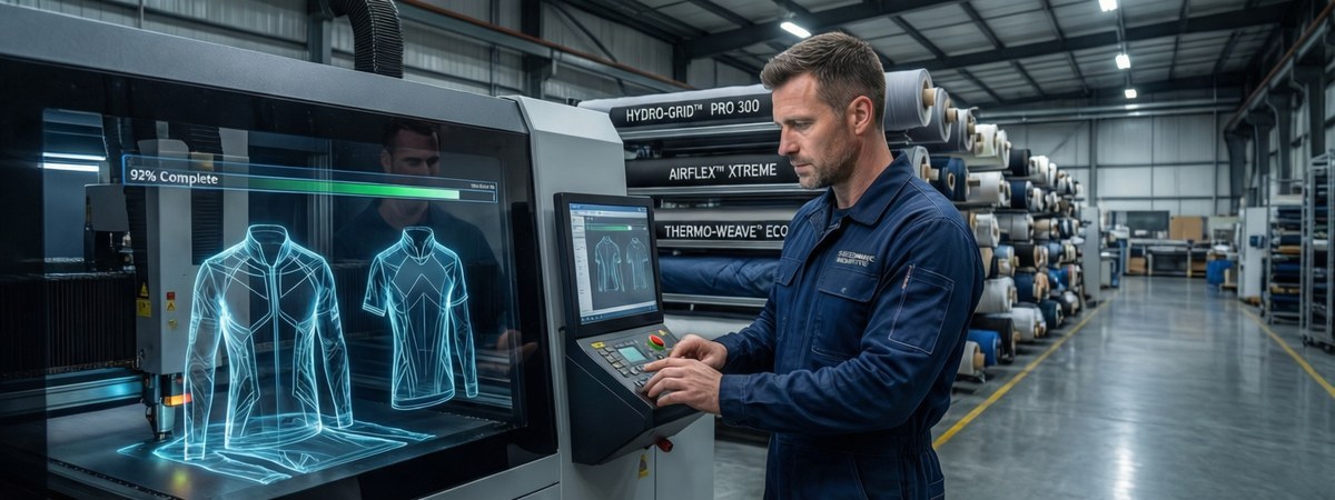 Caucasian European technician operating a CO2 laser cutting machine in a sportswear factory