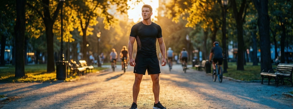 Caucasian European athlete in a training shirt with laser-perforated ventilation along the back