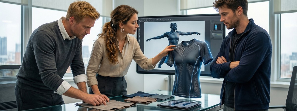 Caucasian European design team reviewing a laser-cut sportswear sample and CAD pattern