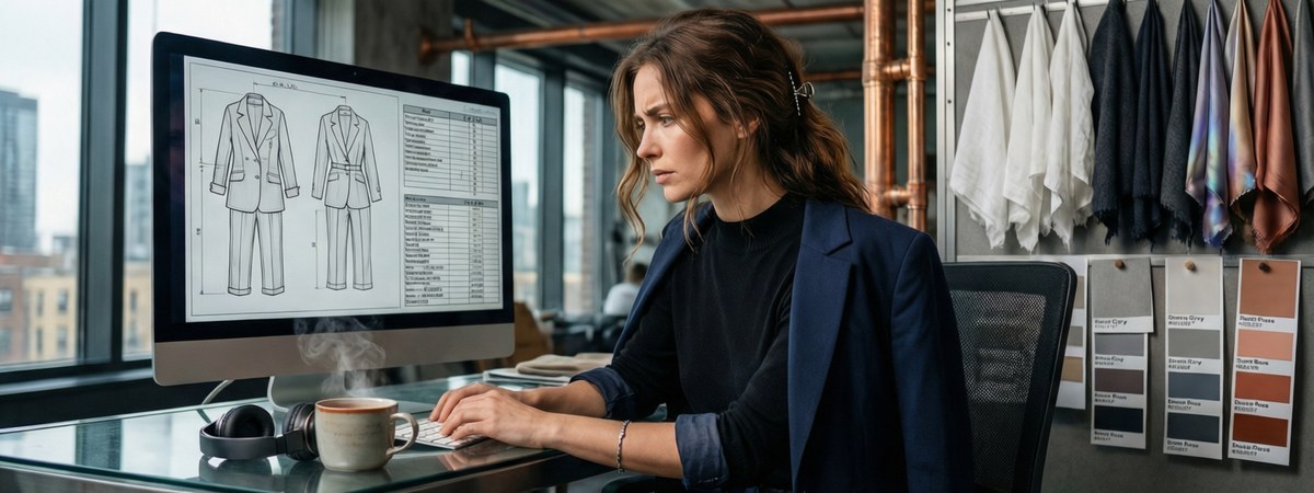Caucasian European fashion designer working on a detailed tech pack with flat sketches and measurement tables