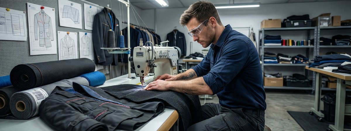 Caucasian European technician operating a sewing machine to make a first proto sample of a performance jacket