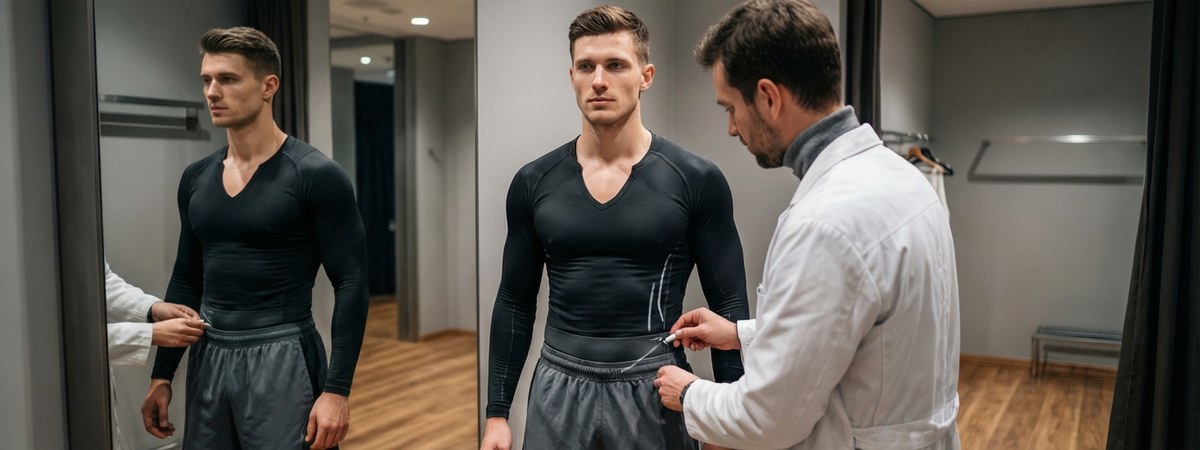 Caucasian European male fit model in a fitting room with a designer marking adjustment points during a sampling fit session