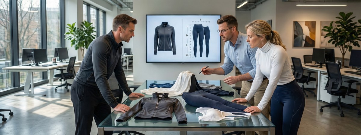 Caucasian European product development team reviewing an approved sportswear sample and graded size set