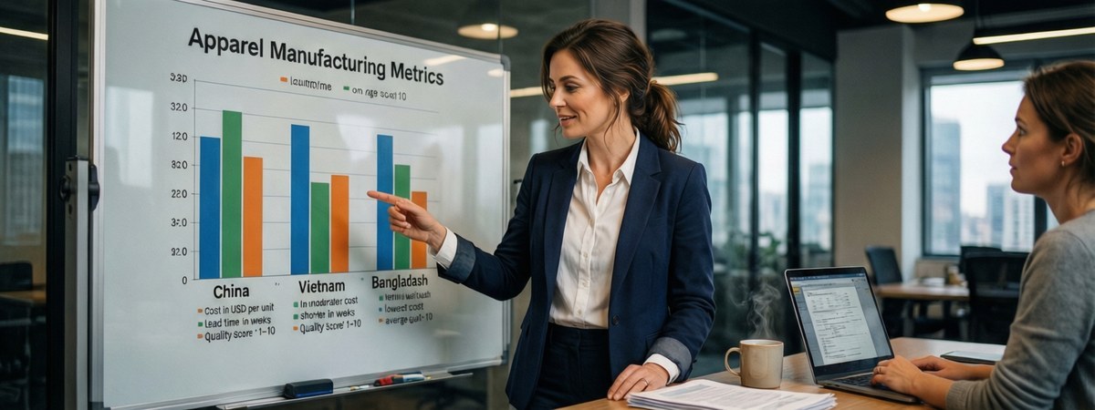 Caucasian European female supply-chain analyst presenting a comparative bar chart of China, Vietnam and Bangladesh apparel manufacturing cost, lead time and quality