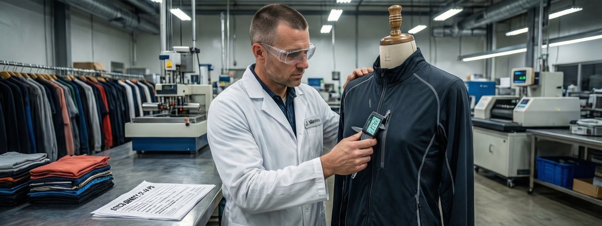 Caucasian European male quality-control inspector checking a sportswear garment with a digital caliper in a factory lab