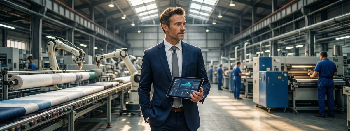 Caucasian European male product manager reviewing an automated vertically-integrated textile production line from fabric to finished garment