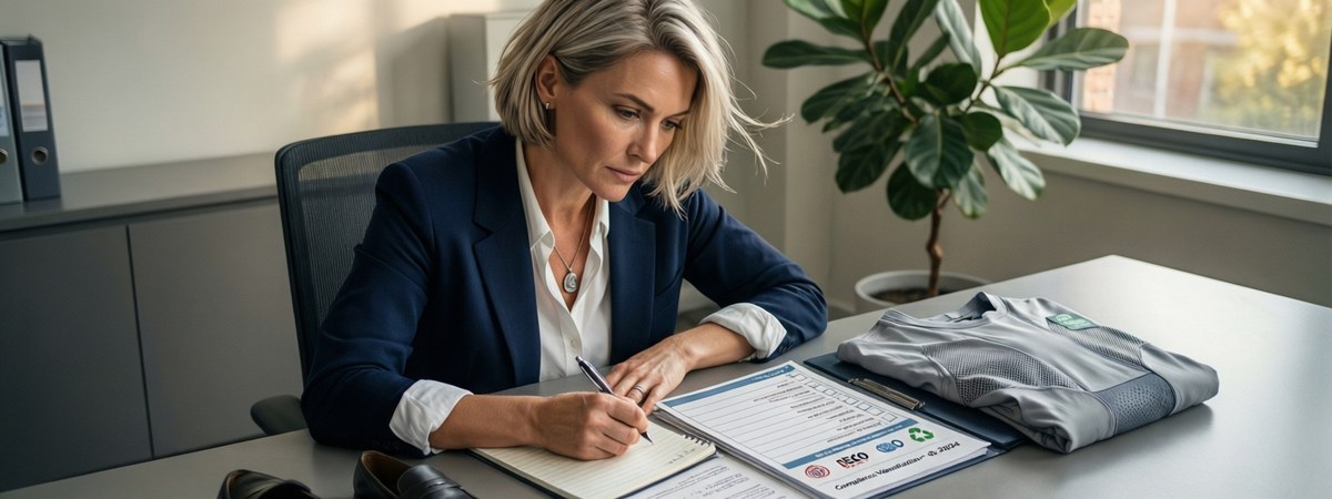 Caucasian European female procurement auditor reviewing compliance certificates and a sportswear sample on a desk