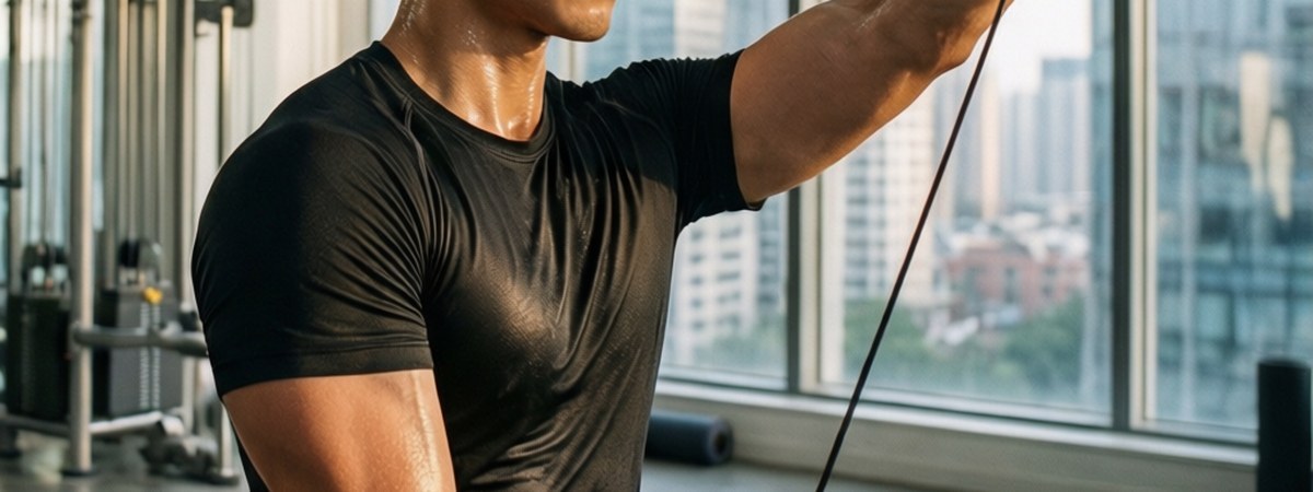 Athlete wearing a moisture-wicking gym t-shirt during training in a bright studio