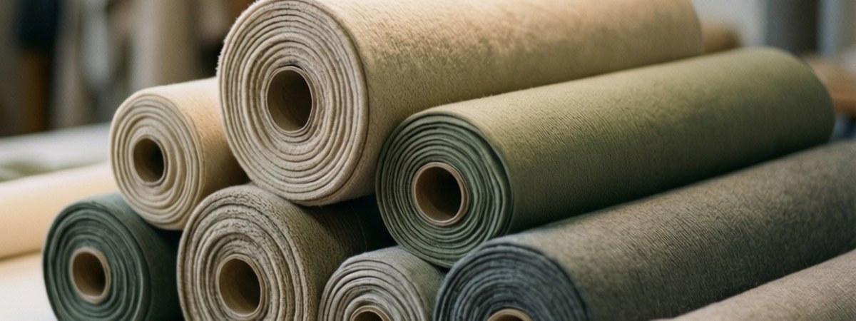 Rolls of recycled polyester and sustainable activewear knit fabric on a textile studio cutting table