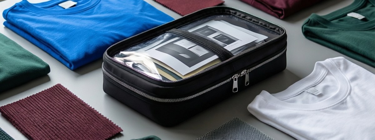 Flat-lay of custom t-shirt samples in several colours with a tech pack and fabric swatches on a studio table