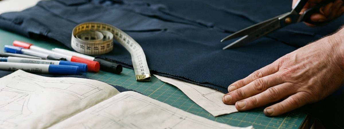 Tech pack, measuring tape and fabric markers on a cutting table in a small apparel workshop