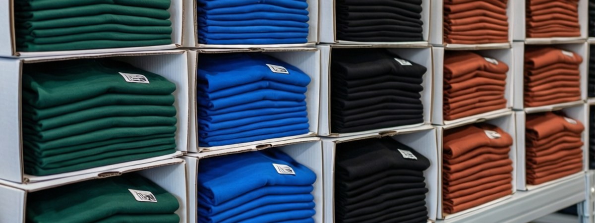 Neat stacks of folded custom t-shirts in branded boxes ready for shipping in a small fulfillment area