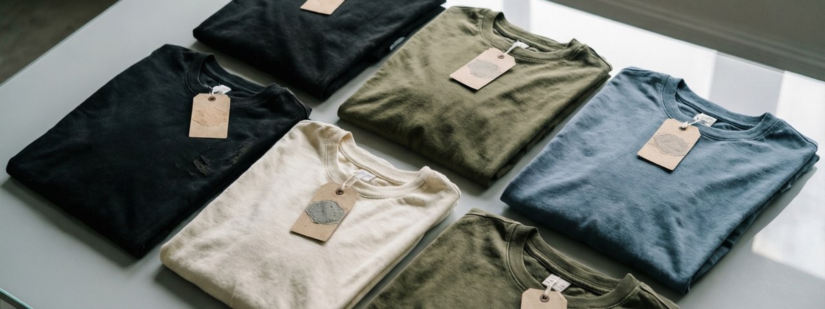 Flat lay of oversized boxy streetwear t-shirts in vintage washed earth tones with custom hang tags