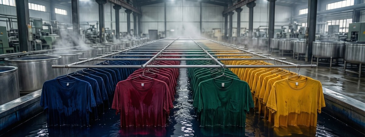 Finished white cotton t-shirts in industrial garment dye baths producing rich tonal colors