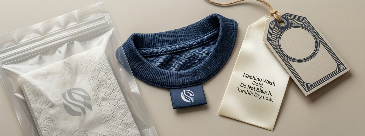 Custom t-shirt branding trims: woven neck labels, care labels, hang tags, branded poly bags and tissue