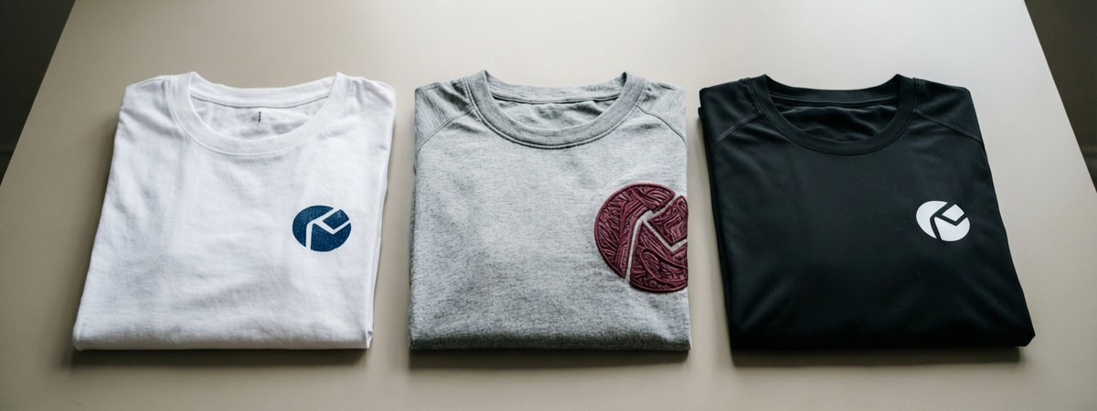Flat lay comparison of three custom t-shirts: screen-printed, embroidered, and heat-transfer logo