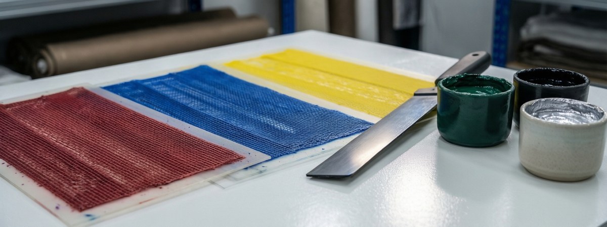 Screen printing workstation with mesh screens, squeegee and ink on a clean print table