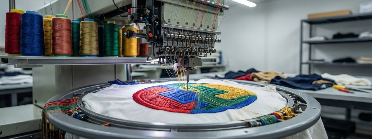 Industrial embroidery machine stitching a logo on a t-shirt hoop with colorful thread spools